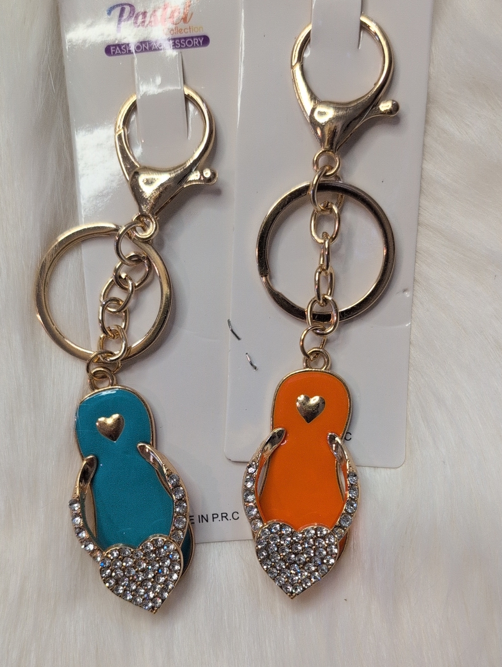 Pastels Teal & Orange Flip-Flop Heart Keychain with Gold Hardware